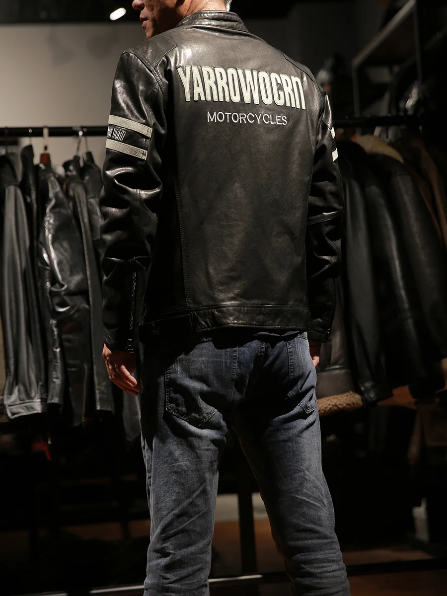 New fashion Men Casual spring wear clothes Leather full tanned sheepskin leather jacket soft stand collar racing motorcycle fit