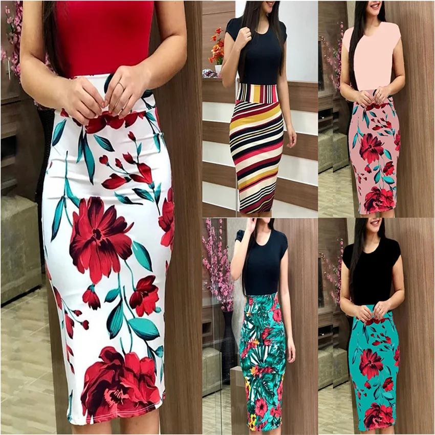 
Wholesale Print Dress Women Floral Short Sleeve Long chiffon Dress O-Neck Women Dresses 
