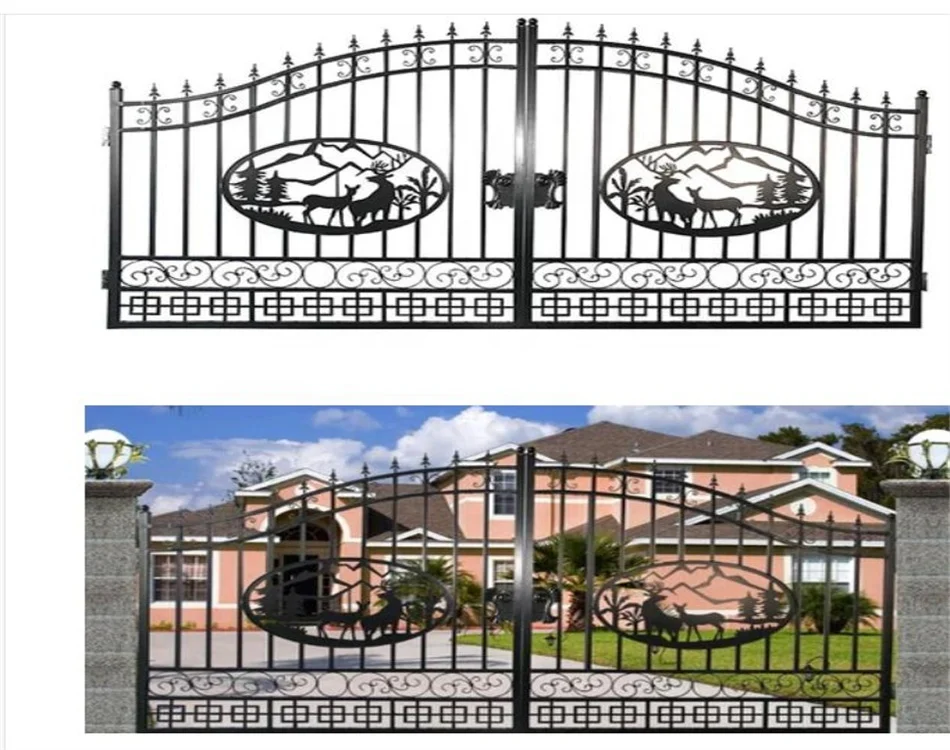 High Quality wrought iron gates automatic remote control Custom Low Price Black Galvanized Coated Gates