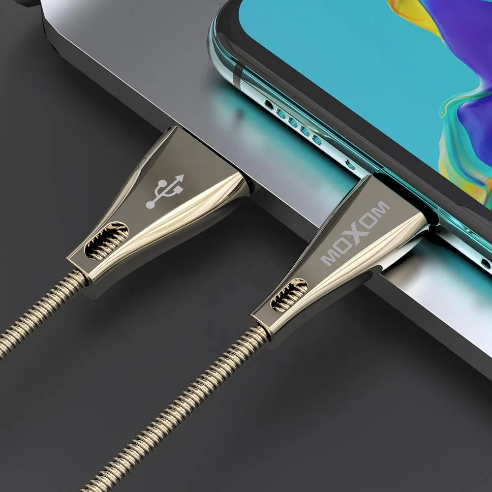 2.4A Spring USB Cable MOXOM CC31 Charging Cable 100cm Silver Zinc Alloy Micro USB C Phone Cable for iphone