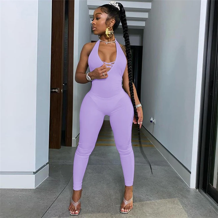 Fondpink Lowest Price Pure Color Deep V-Neck Halter Backless Women Summer Casual Long One Piece Jumpsuits