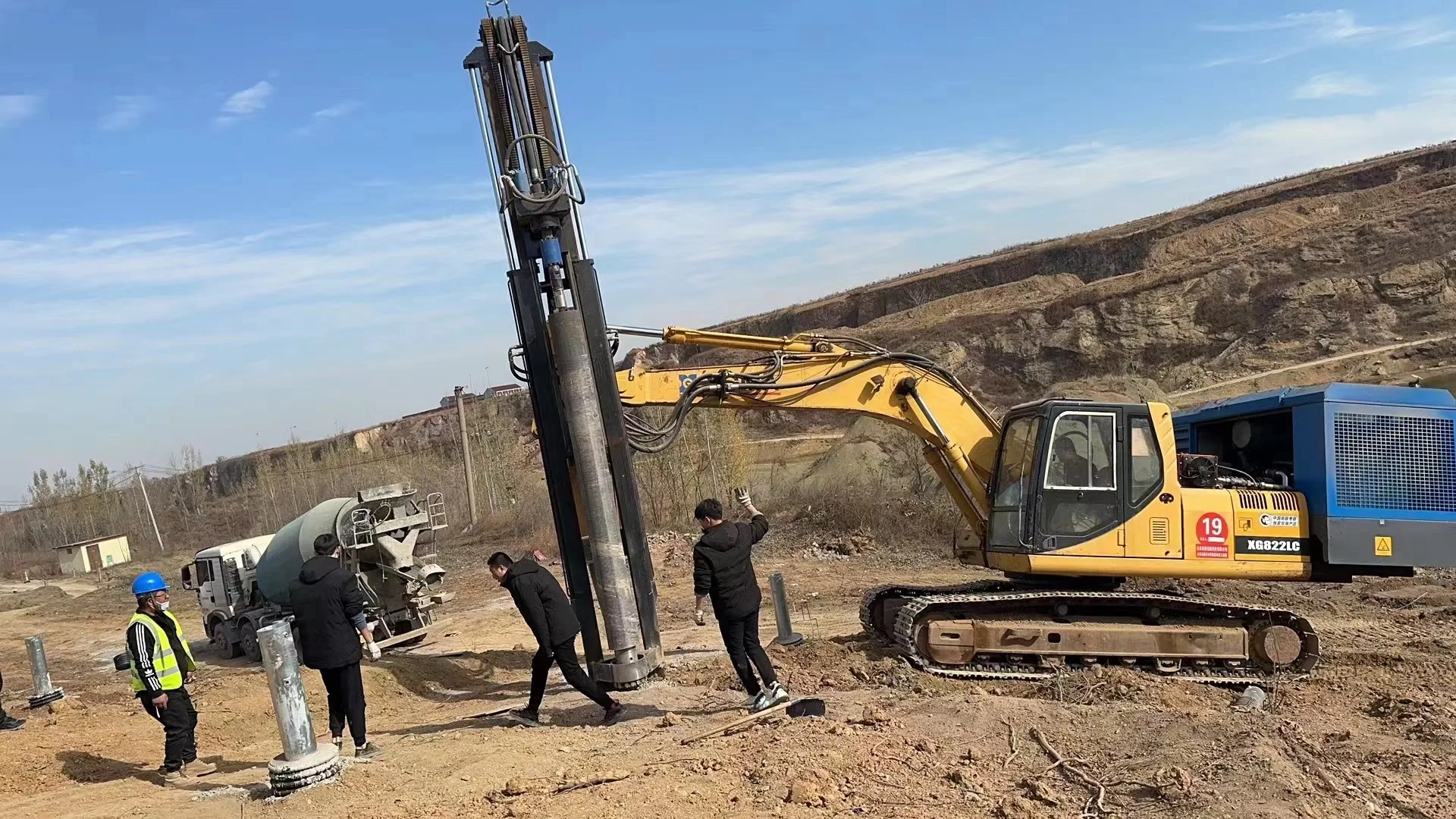 Hydraulic excavator mounted rock drilling rig for hard rock borehole mining drilling and foundation construction usage