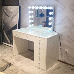 stock in U.S luxury wooden bedroom sets high glossy painting 7 drawers dressing table 2022 wooden luxury makeup vanity table set