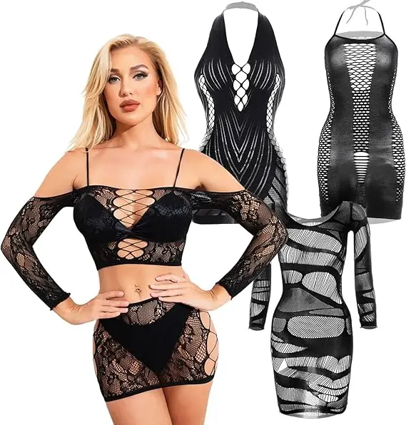 NEW Designer Costumes Fishnet Exotic Lingerie Sets Playsuit Floral Bodystocking Chemise Negligees Mini Dress