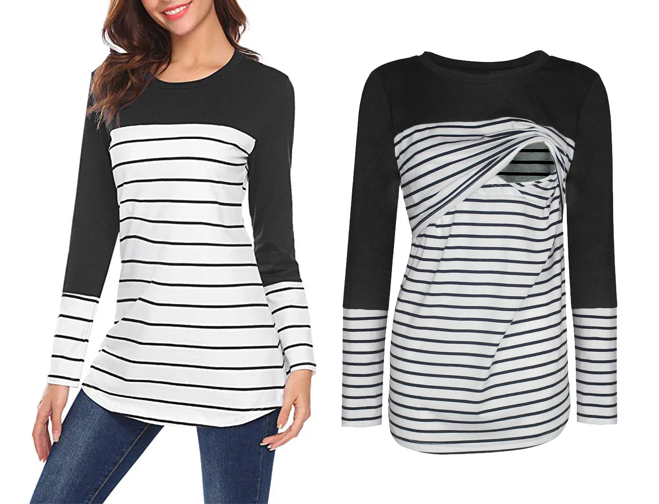 Осенне-зимняя полосатая одежда для беременных с оборками в стиле пэчворк двухслойные рубашки для кормления полосатые женские топы для грудного вскармливания