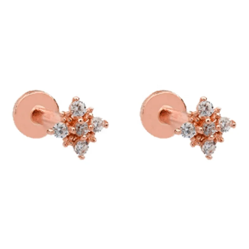 14k Solid Gold Gemmed  Threadless Labret  Stud  Helix Cartilage Lobe Tragus Daith Body Piercing Jewelry