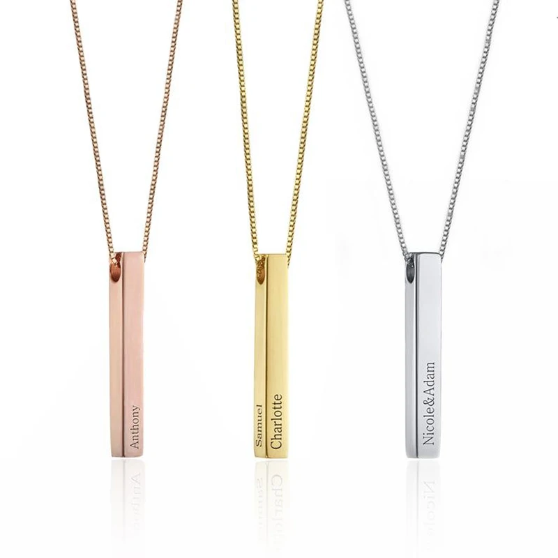 Stainless Steel Engraved 3D Bar Pendent Necklace Personalized Engrave Name Date Text  Bar Pendant Custom Necklace Men Jewelry