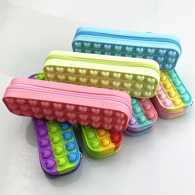 Silicone Fidget itting Sensory Toys Storage Makeup Bag Colorful Pop Pencil Case Push Bubble Pencil popets bag with heart