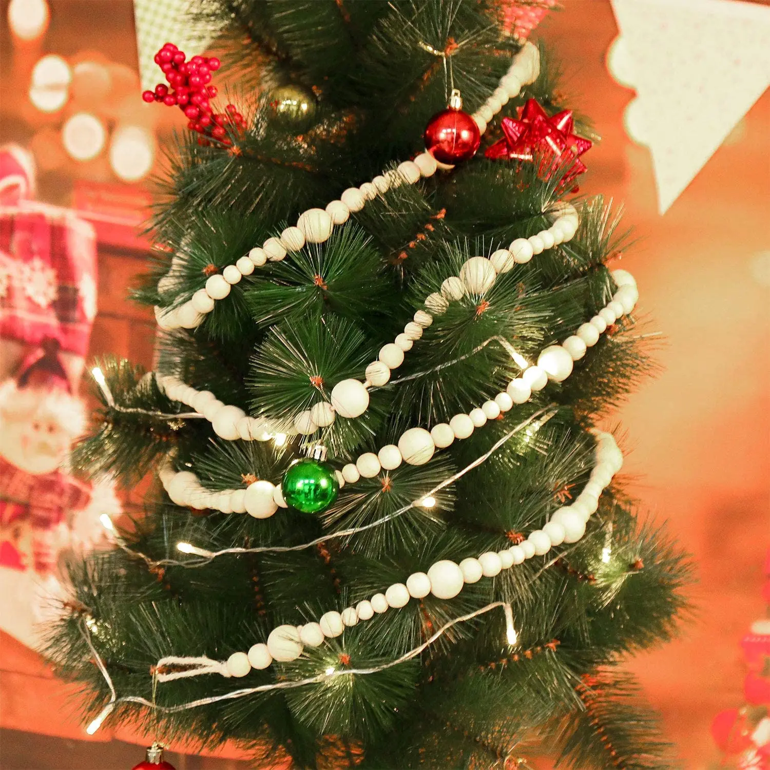 13.6 Feet Christmas Wood Bead Garland Christmas Tree Garland Boho Decorations Wall Hanging Farmhouse Home Decor Rustic Country