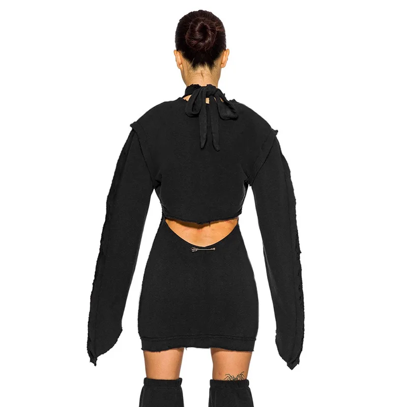 Chic Pin Women 2piece Set Three-dimensional Striped Bandage Dress+full Sleeve Outer Layer Y2k Fashion Streetwear Suit