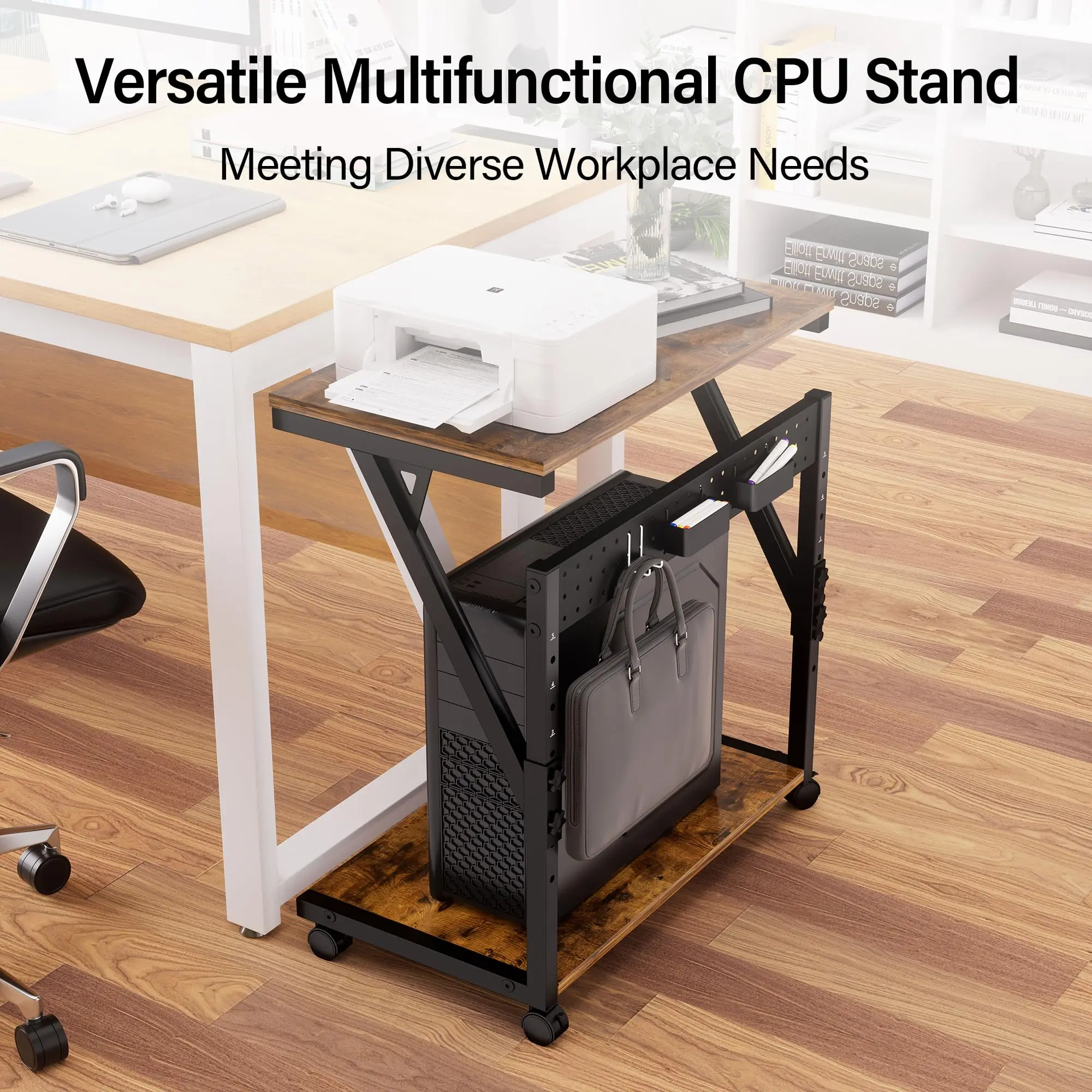 Rustic Brown 2-Tier PC Stand Lockable Rolling Wheels Adjustable Height Computer Tower Cart Home Office Gaming Desk CPU Holder