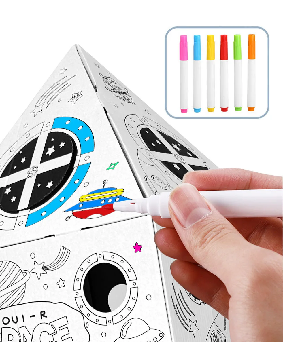 Eco-friendly Kids Rocket Learning Painting Game Doodle Big Drawing Colour-in Cardboard Playhouse