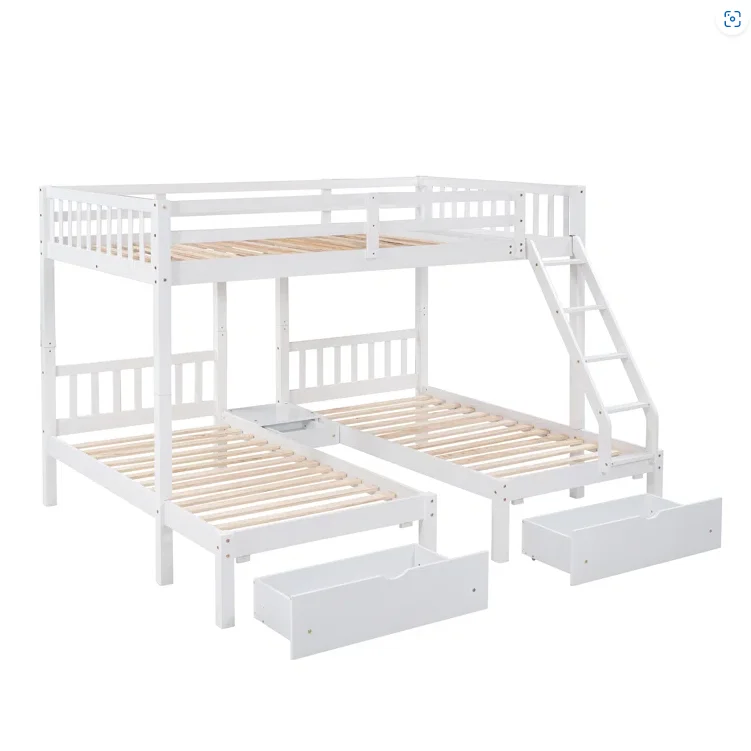 New Design Twin over Twin Full 3 Drawer Triple Bunk Bed with Storage and Single Bed Children Wooden Kids Bunk Bed