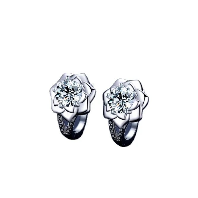 925 Sterling Silver Round Black Trendy Spinel Engagement Flower Hoop Earrings for Women Fine
