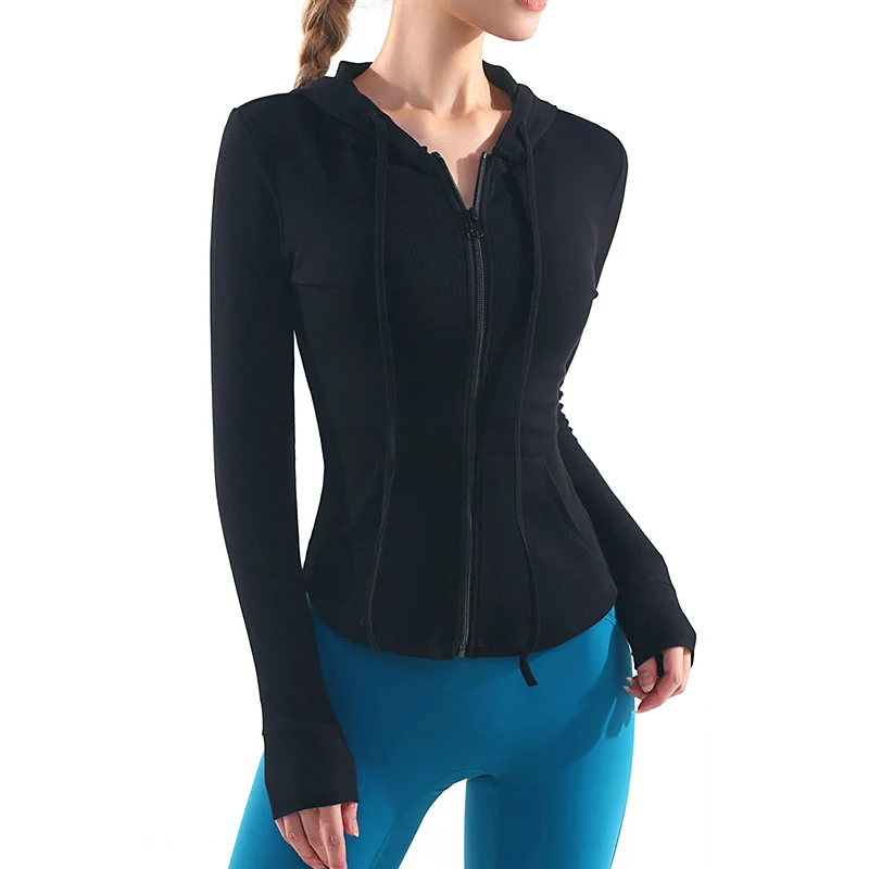 Slim yoga fitness wear sports tops women training running long sleeved hooded jacket