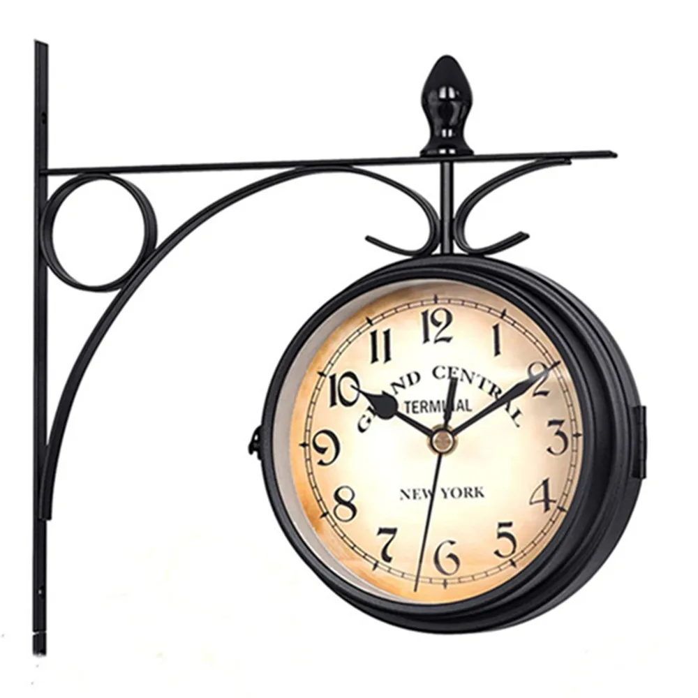Oniya Fashion Double-Sided Wall Clock Station Retro Dial with Stem Fixing Pendulum for Indoor and Outdoor Home Garden Decor