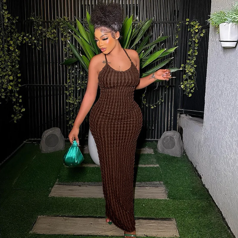 X1383 - fashion trendy plain floor length bandage halter backless sleeveless elegant casual dresses