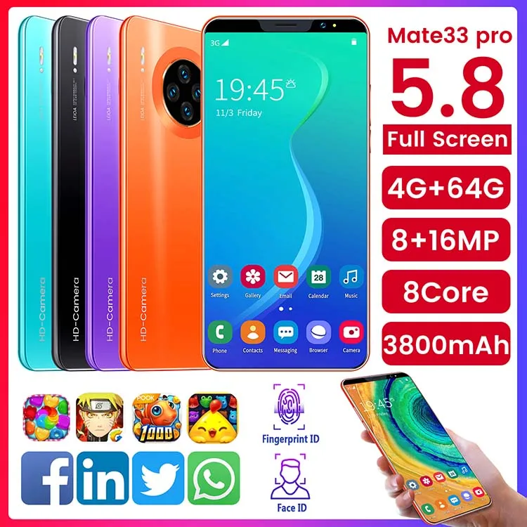 
Mate33 Pro 4G+64G 4g Dual SIM Card Dual Standby android mobile phone 4g low prices android Celulares Wholesale cellphone 