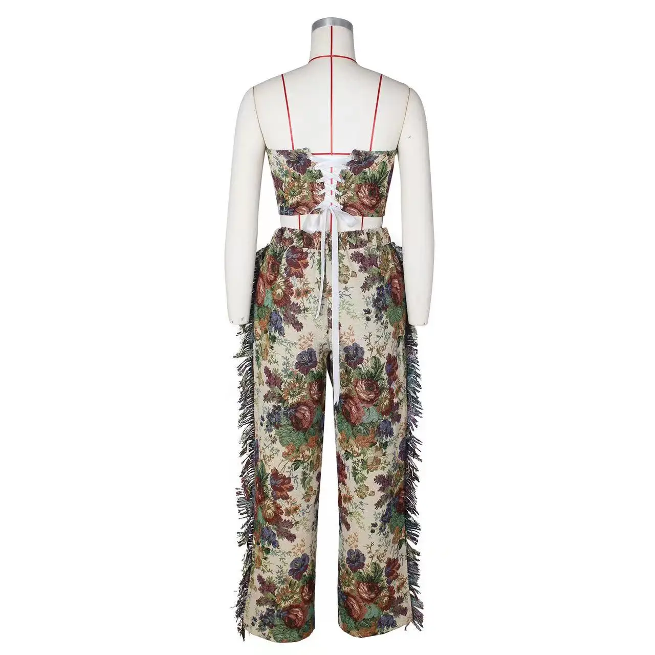 Summer floral print Hot Sale Women Casual Set Strapless Crop Top Long Flare Cargo Pants Women Two Piece Set