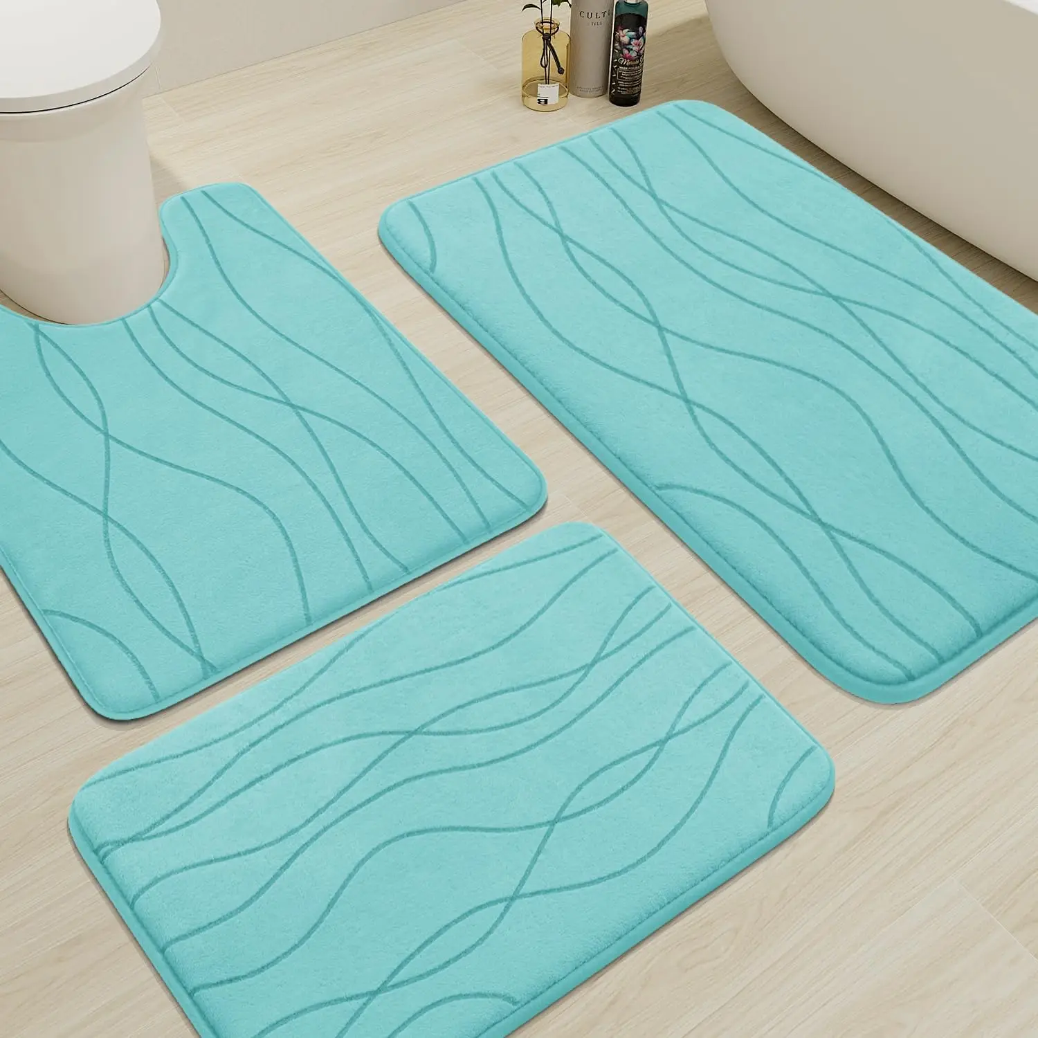 Factory Sale Thick Cushioned Coral Velvet Bath Mat 3 Pieces Super Absorbent Memory Foam Bathroom Rug Set