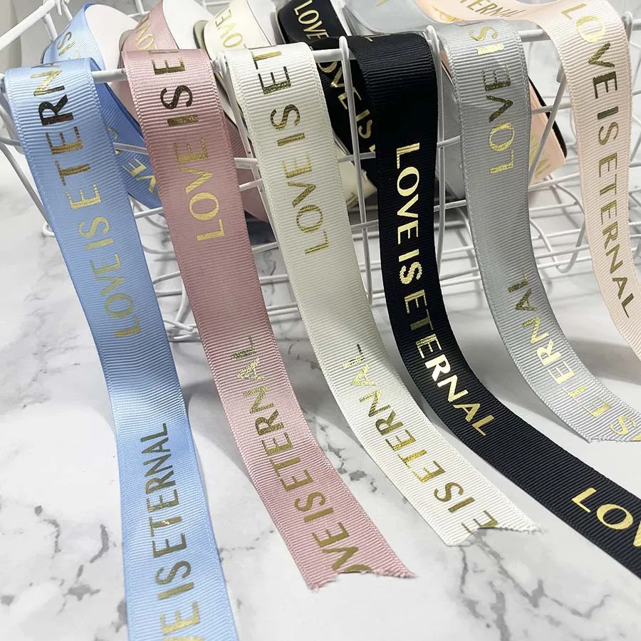 Wholesale Custom 1 Inch Black Polyester Ribbon Gold Foil Logo Grosgrain Printed Ribbon