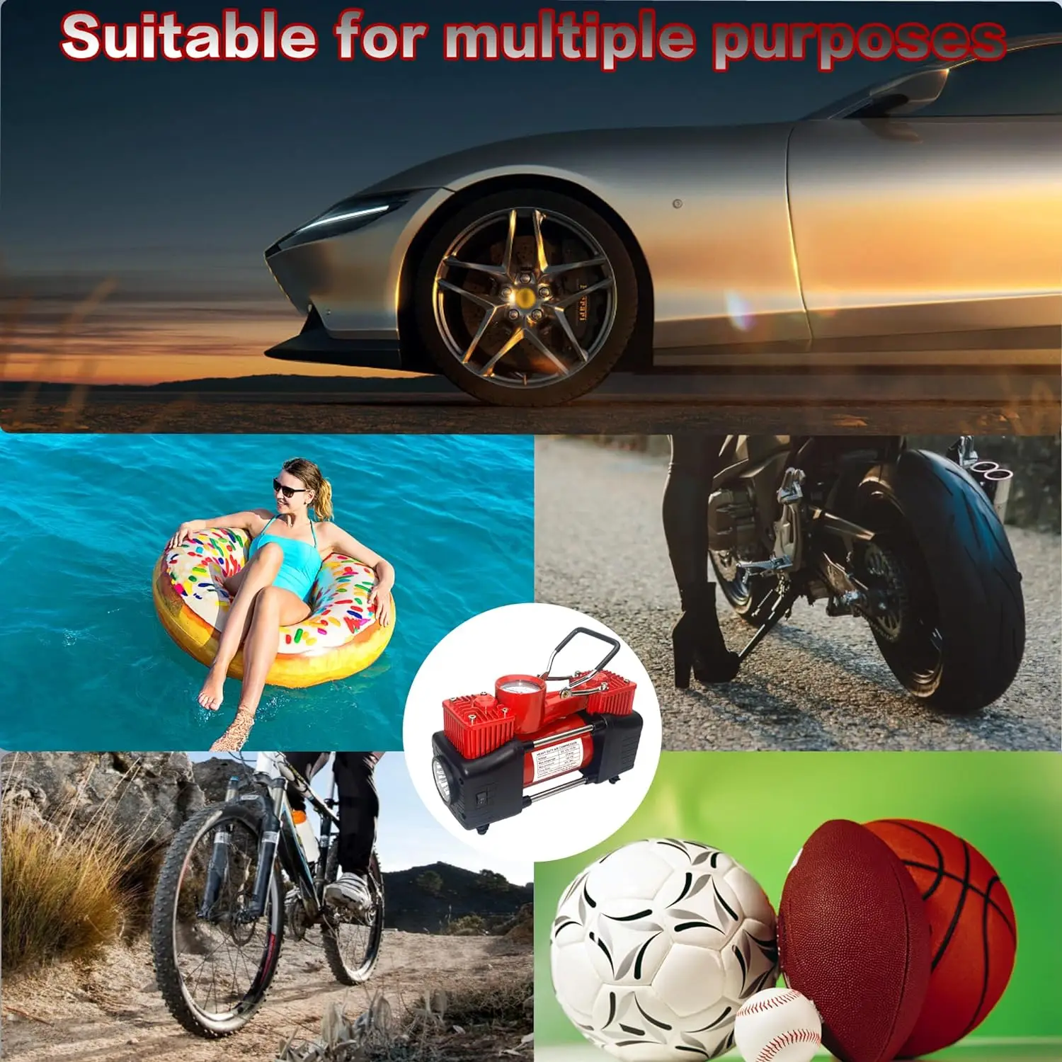 Red Tire Inflator Heavy Duty Dual Cylinder Direct Drive Inflator Pump 12V Portable Air Compressor Pump Digital Pressure Gauge