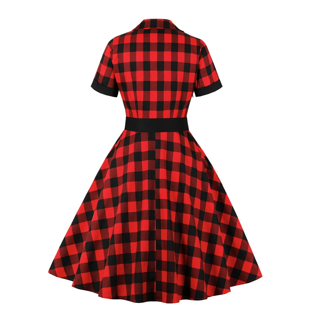 2021 Summer Short Sleeve Women Red Plaid Dress VD1697 Cotton 50s 60s Vintage Swing Retro Dress