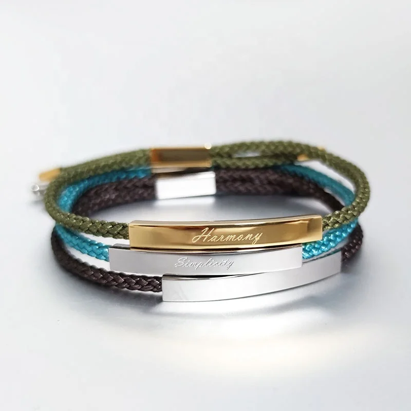 Customized Mens Jewelry Laser Engraving Stainless Steel Adjustable Braided Rope Bracelet Engraveable Bracelet For Women