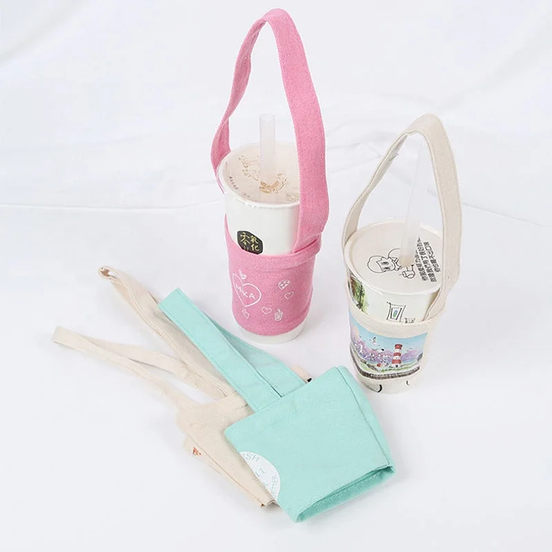 Eco Friendly custom reusable cotton coffee Cup Sleeve with long strap