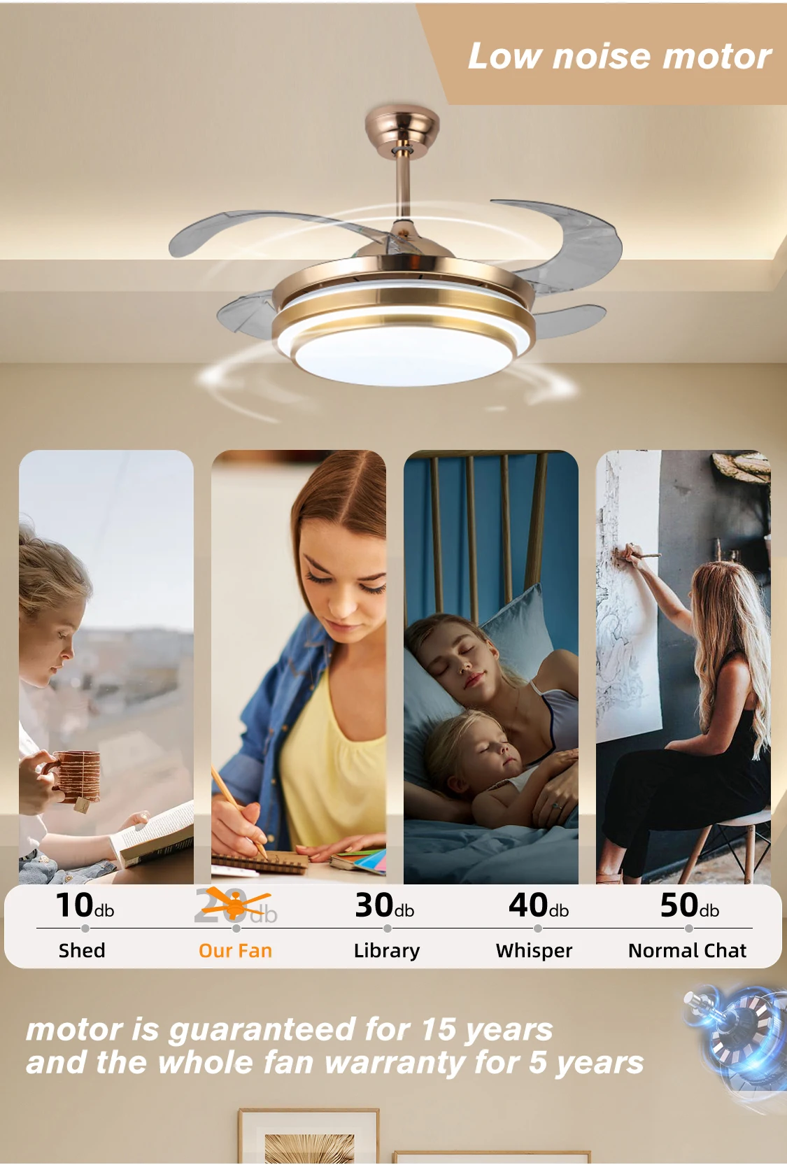 AIERTEC 42' Chandelier modern pendant lights Golden Silver Retractable Invisible Led Ceiling Fan light With Light And Remote