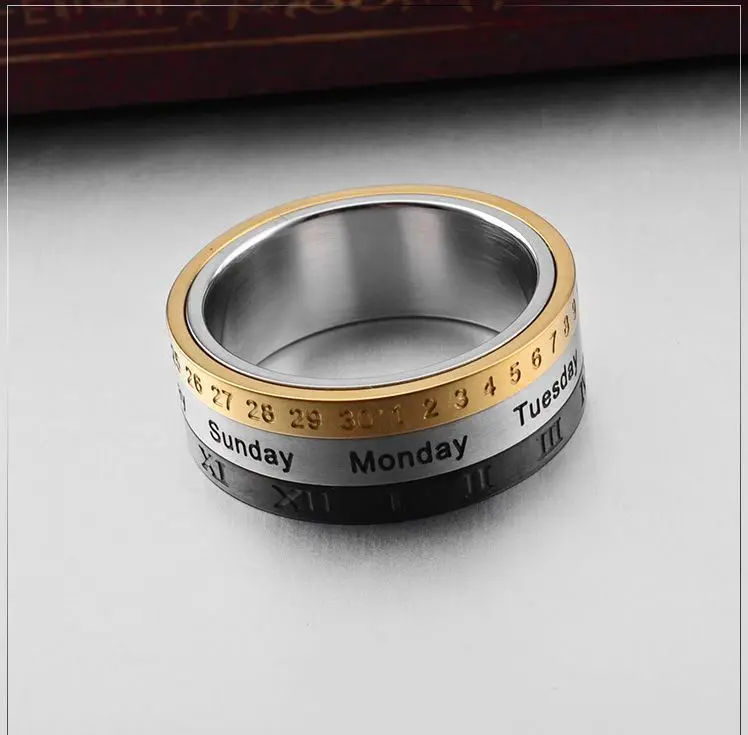 new fashion date weeks letter rotating ring clock stainless steel stacking rings men sets jewelry