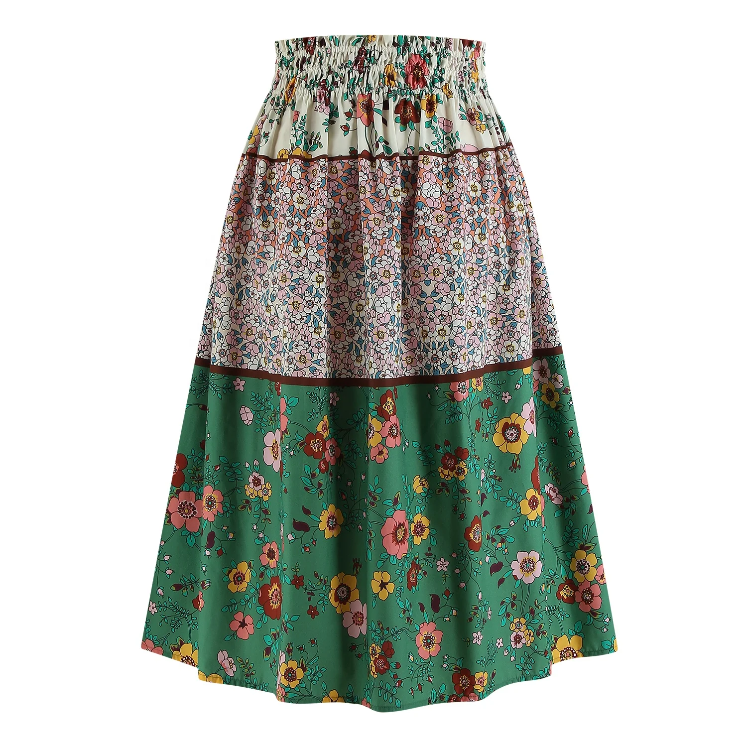 Green Hawaiian Clothing Elastic Ruched Waist Tiered Print Skirt Stretch Chic Boho Floral Print Pacific Island Maxi Skirt Women