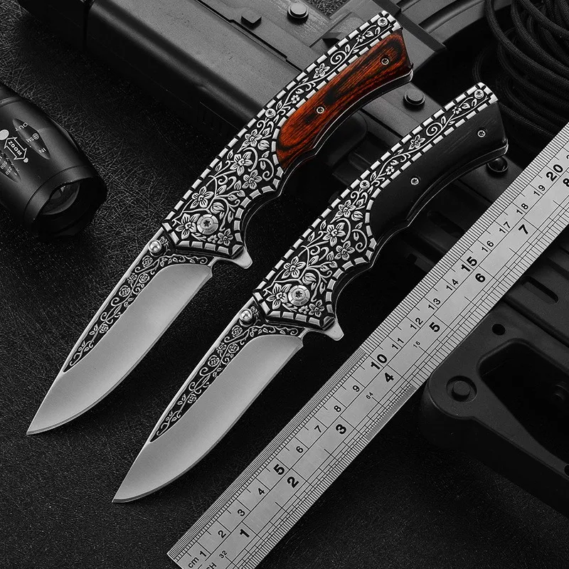 Free Sample Etched Pattern Bushcraft Folding Knife Color Wooden Handle Pocket Knives Outdoor Hunting Survival High Carbon Steel