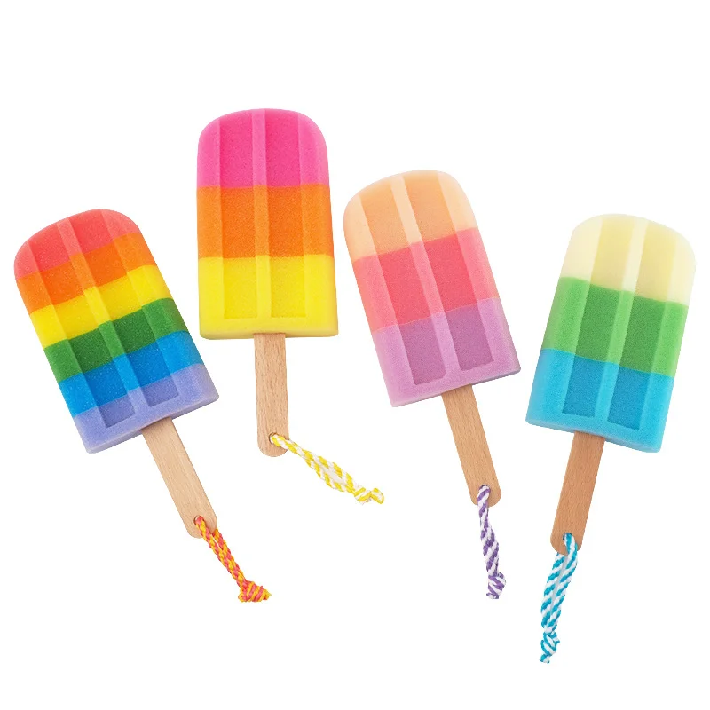Promotion Popular Random Colors Ice Cream Bath Kitchen Cellulose Sponge Long Handle Scrubber Shower Puff For Cleaning