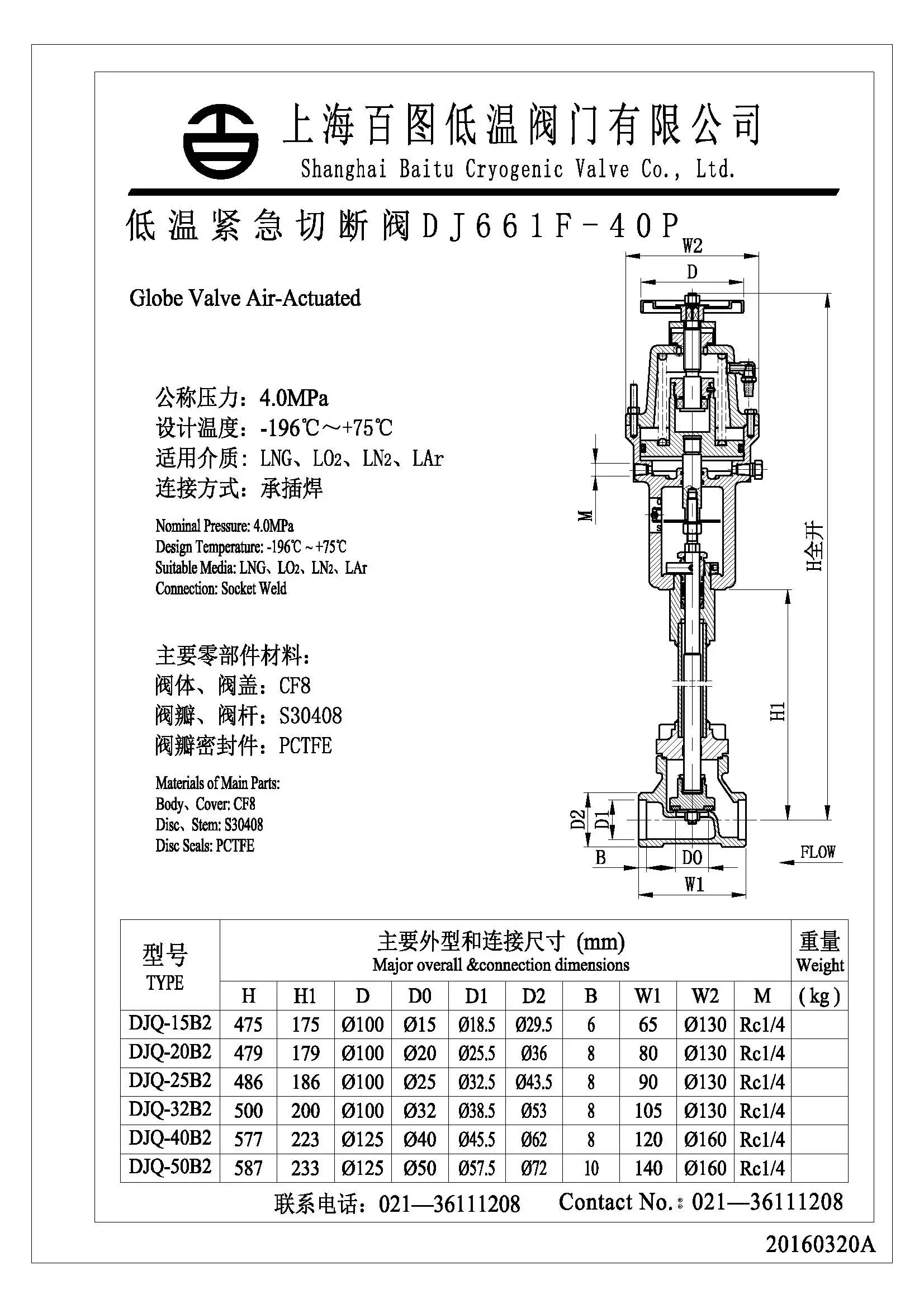 GLOBE VALVE AIR-ACTUATED DJQ-(B2/Y2) nominal pressure 4.0mpa