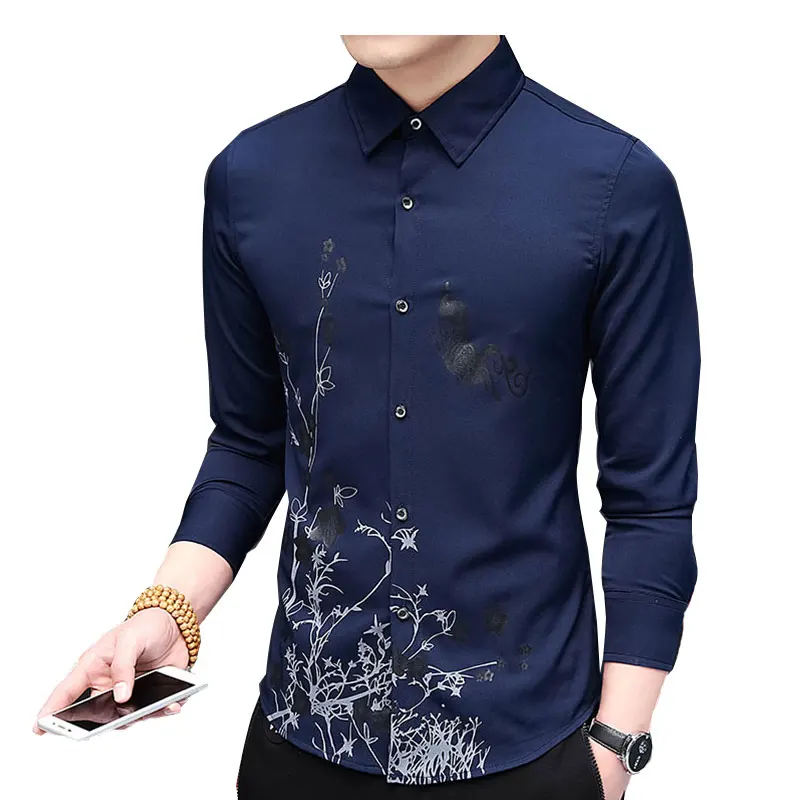 
Business Shirt Fashion Printing Shirt M-4XL Black Blue Purple White All-Match Flower Shirt 