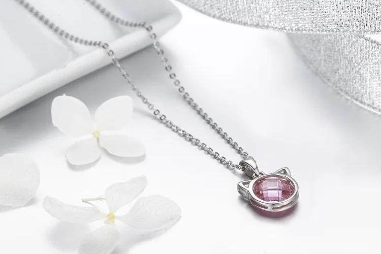 
Most popular products cat pink stone design 925 Sterling silver Pink CZ diamond stone necklace 