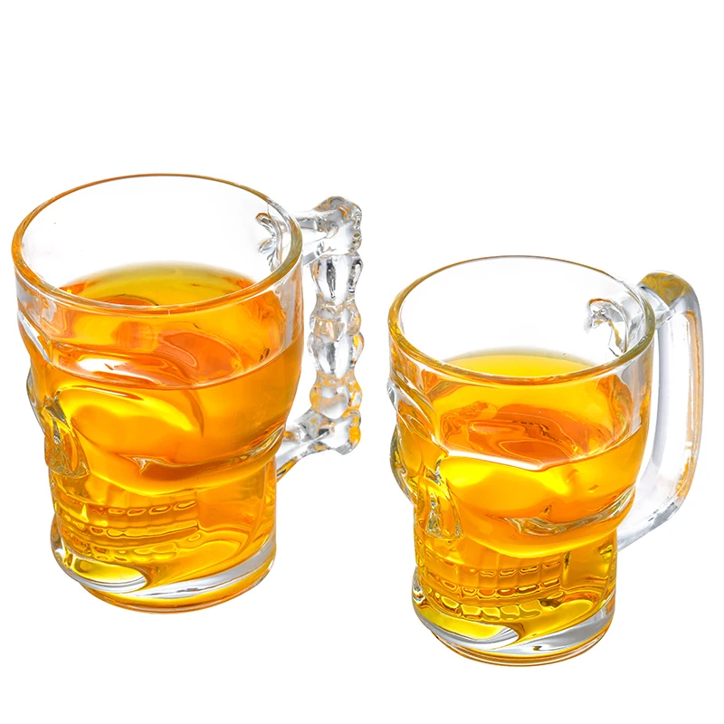 Wholesale skull shaped clear empty 500ml glass brandy vodka beer cup glass wine cup with handle