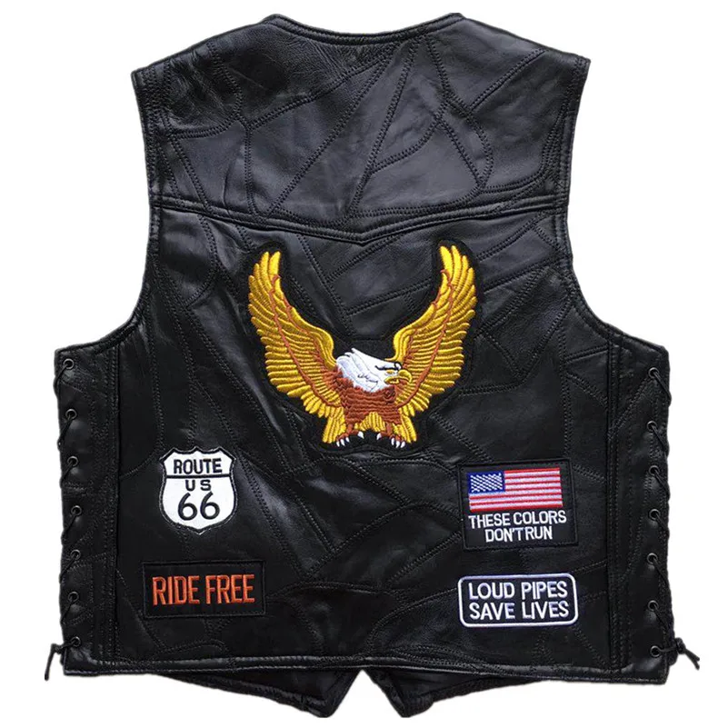 2019 Mens Eagle Patch Black Genuine leather Motorcycle Vest Vintage US Flag Sheepskin Sleeveless Biker Jackets Gray Patch