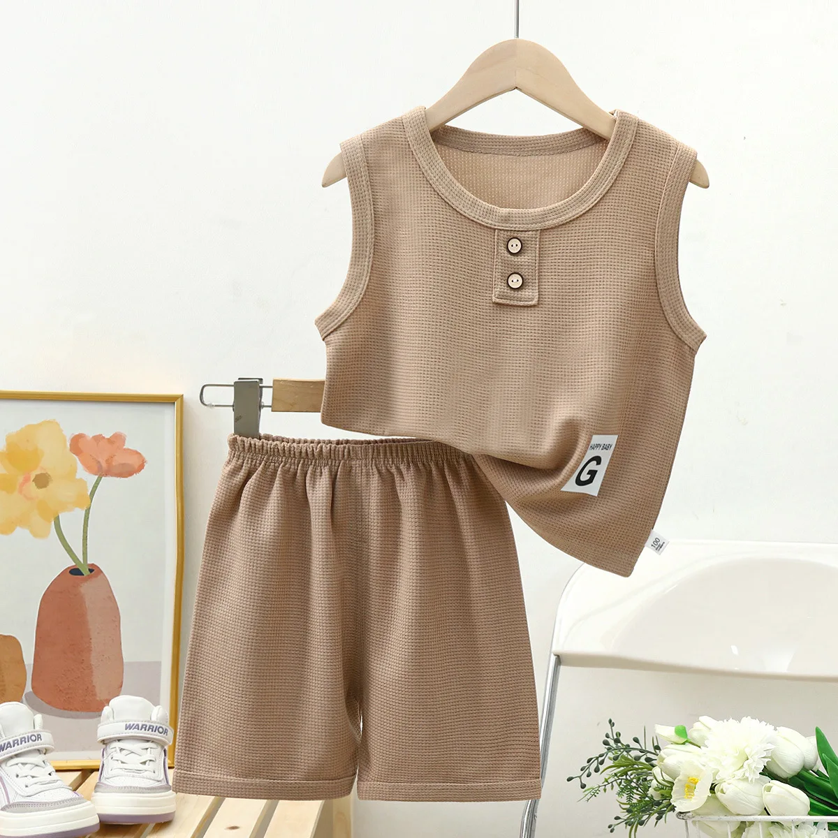 2024 new style baby clothes set popular hot sale summer children clothes set Two piece waffle vest wholesale good price.