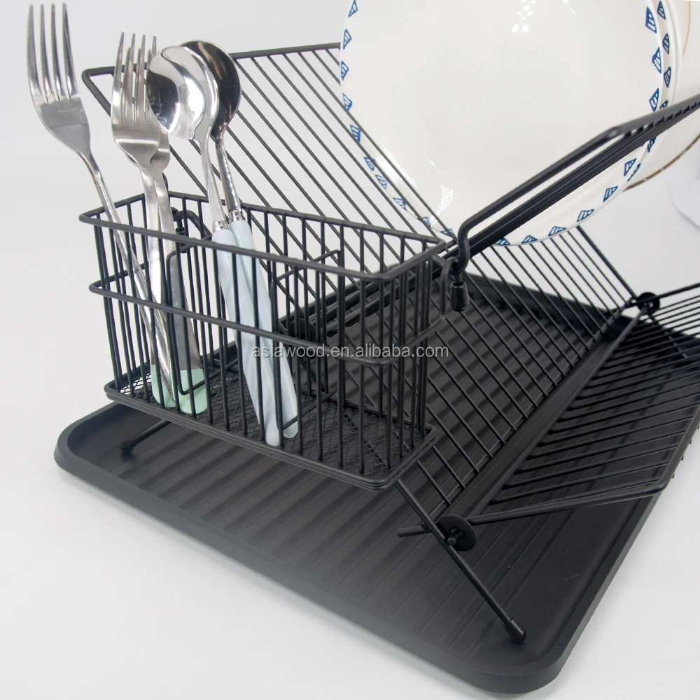 Black powder spraying wire 2 layer bamboo dish drainer storage holder rack