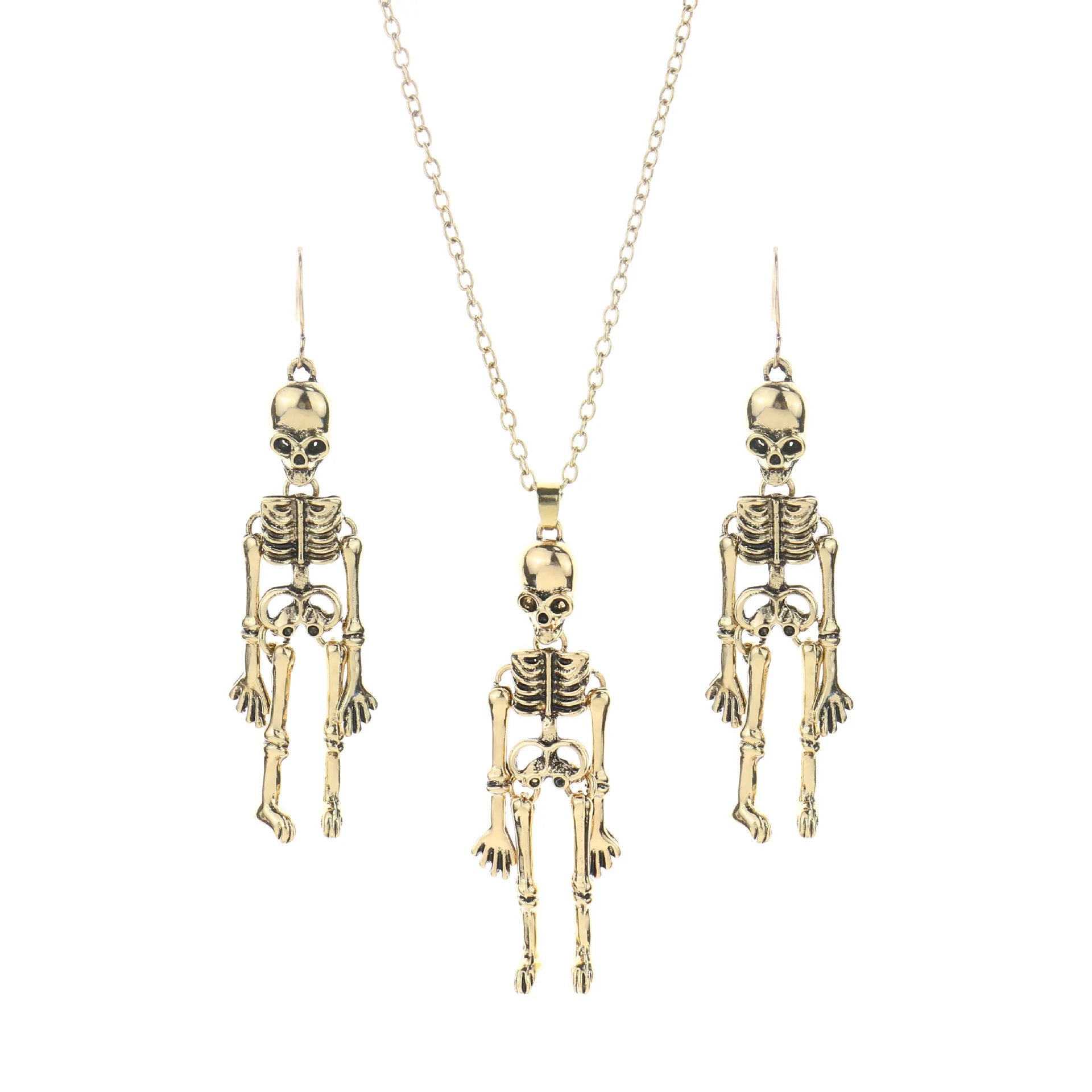 Dark Retro Style Halloween Jewelry Sets For Women Girls Vintage Hip Hop Metal Alloy Skull Skeleton Ghost Necklace Earring Set