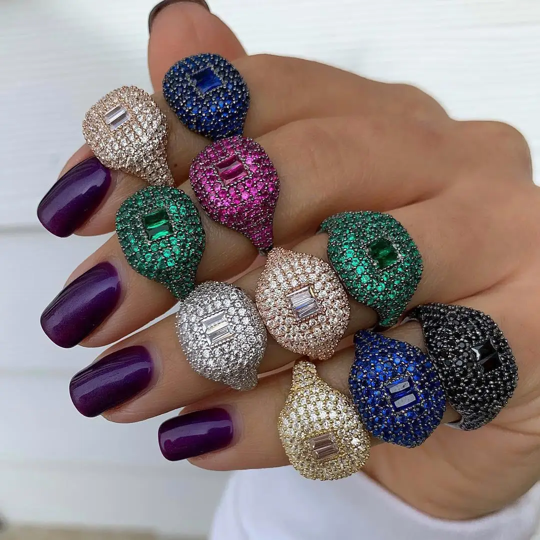HIBRIDE Luxury Female Gold Bling Bling Hip Hop Punk Zircon Exaggerated Street Artist Rings for Women Unique Jewelry R-141