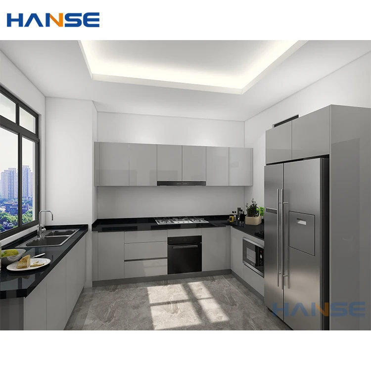 Custom modern complete u shape white high gloss lacquer finish flat pack modular wood kitchen cabinet set design with marble top