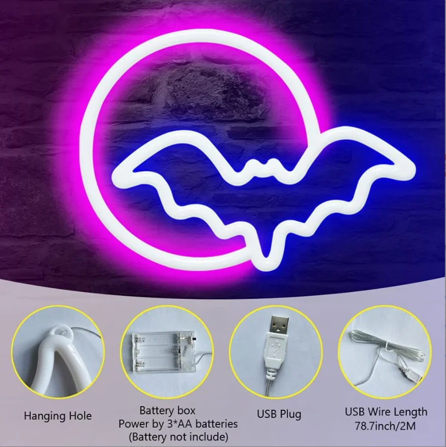 Halloween Usb Battery Operated Neon Light Night Lamp Led Moon and Bat Neon Sign For Wall Kids Room Party Gift Bar Decoration