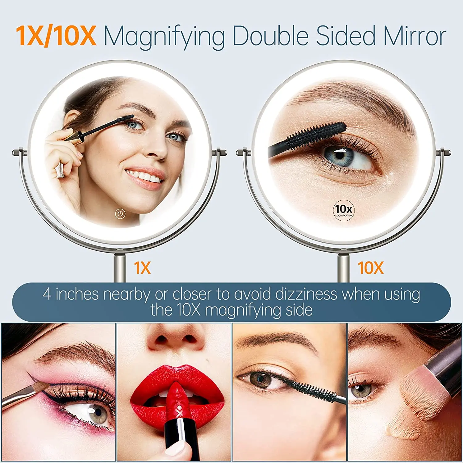 Brushed Nickel Finish Dimmable Cosmetic Mirror with Touch Control 360 Degree Rotation Led Light up Mirror