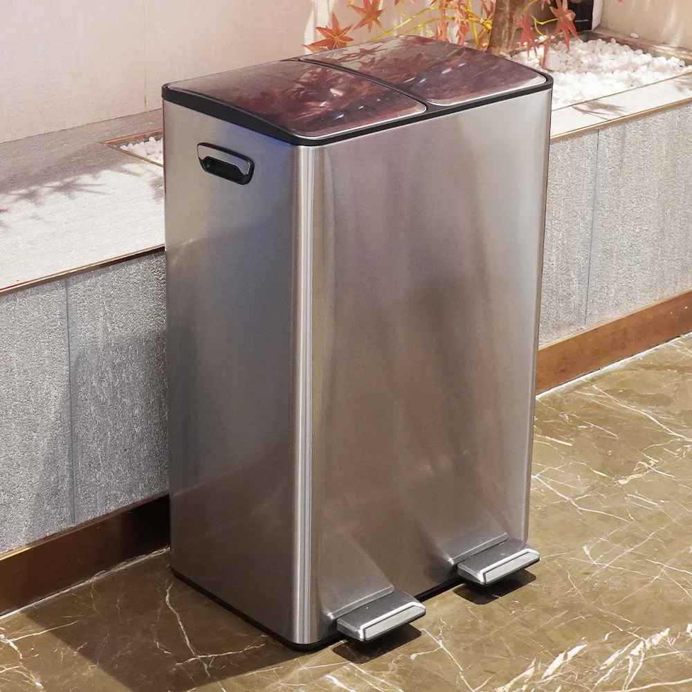 Living Room 60L Double Compartment Trash Can Stainless Steel Recycle Bin With Foldable Pedals