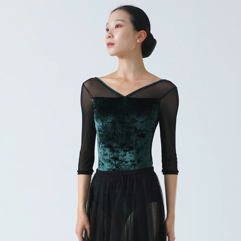 High Quality Women Adult Velvet Backless Long Sleeve Leotard Green Red Gym V Neck Color Block Ballet Training Dancewear