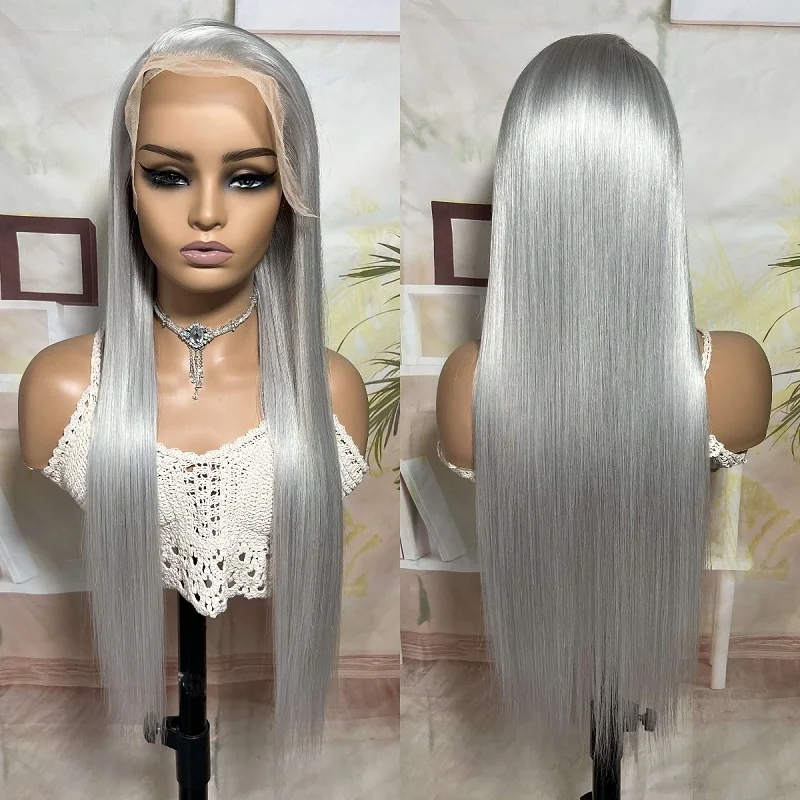 ISEE Silver Grey Straight Lace Front Wig Pre Plucked Transparent Swiss 13X4 Lace Frontal Colored Human Hair Wigs For Black Women