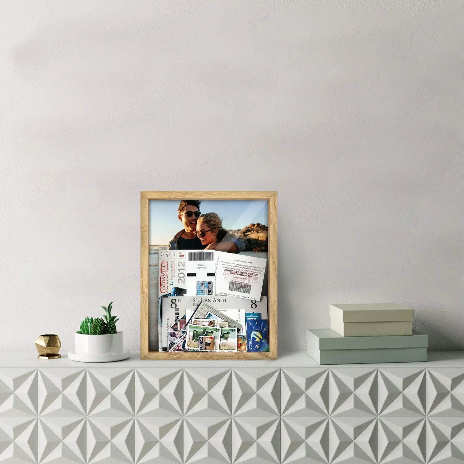 ONE WALL 10x8 inch Deep Ticket Memory Shadow Box Frame Wooden Display Box with Slot Top Loading for Crafts for Wall and Tabletop